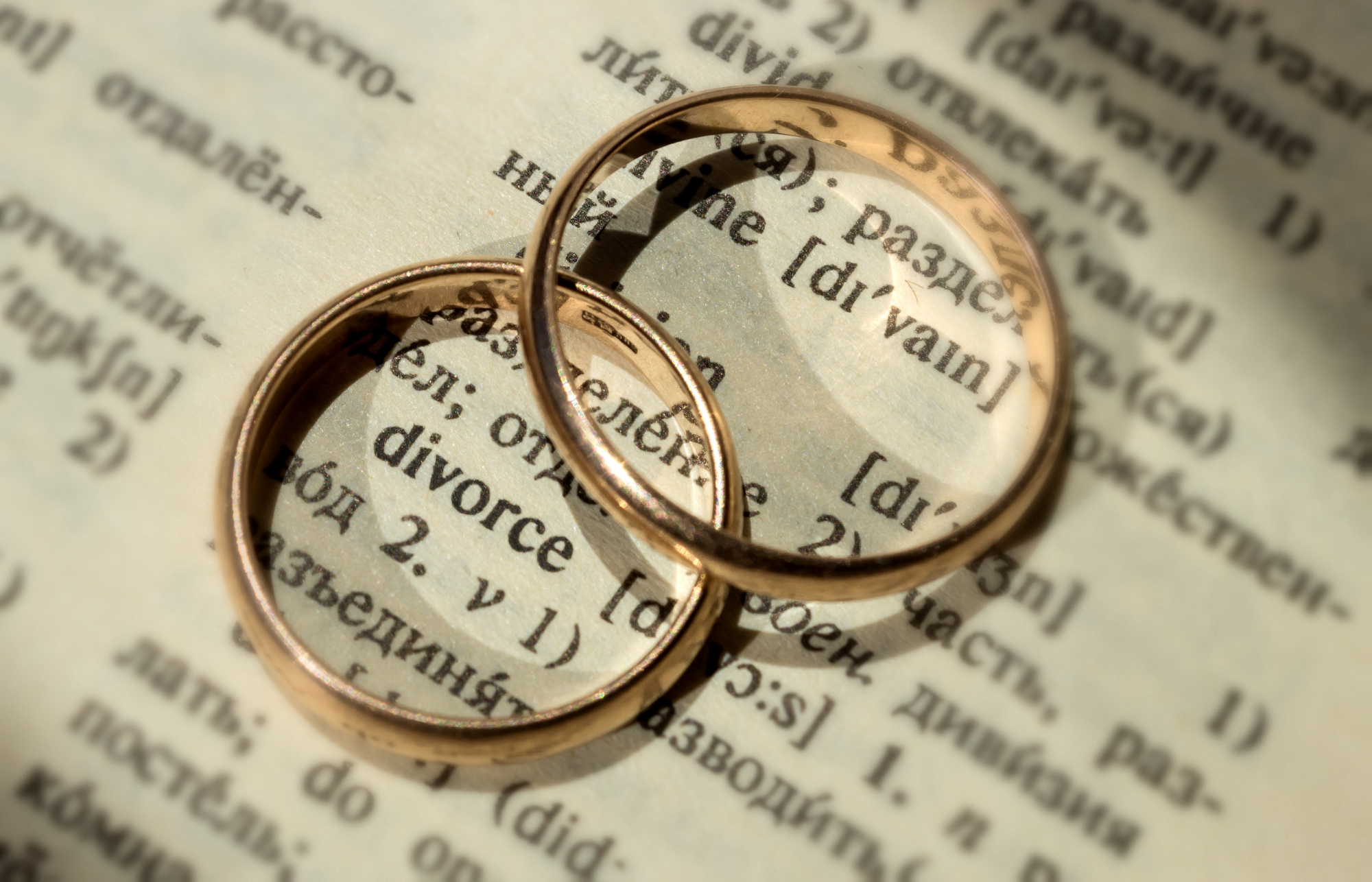 19 A photo of two rings stacked on top of each other with the word divorce in one of the rings.