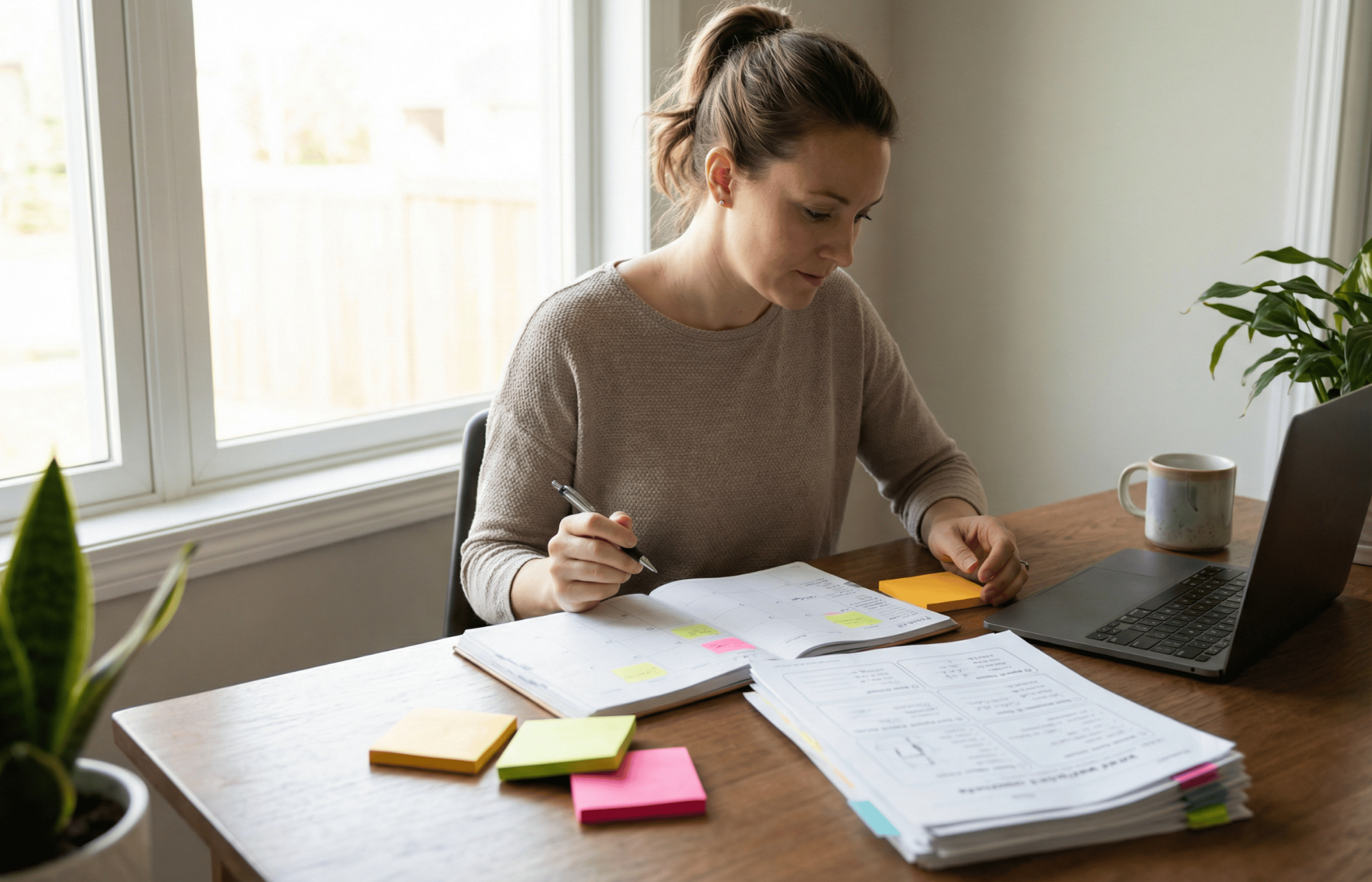 22 A woman at a desk in front of a computer and stacks of financial documents.