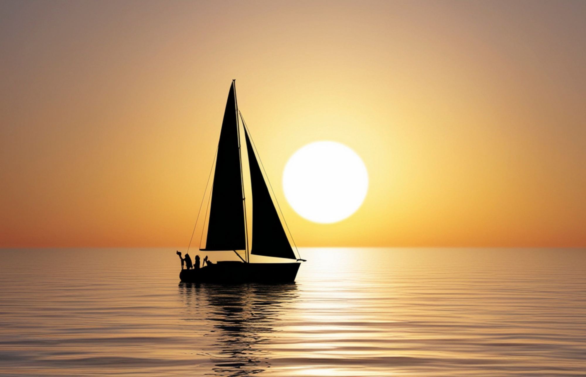 33 A sailboat on calm waters in front of the sun over the horizon.